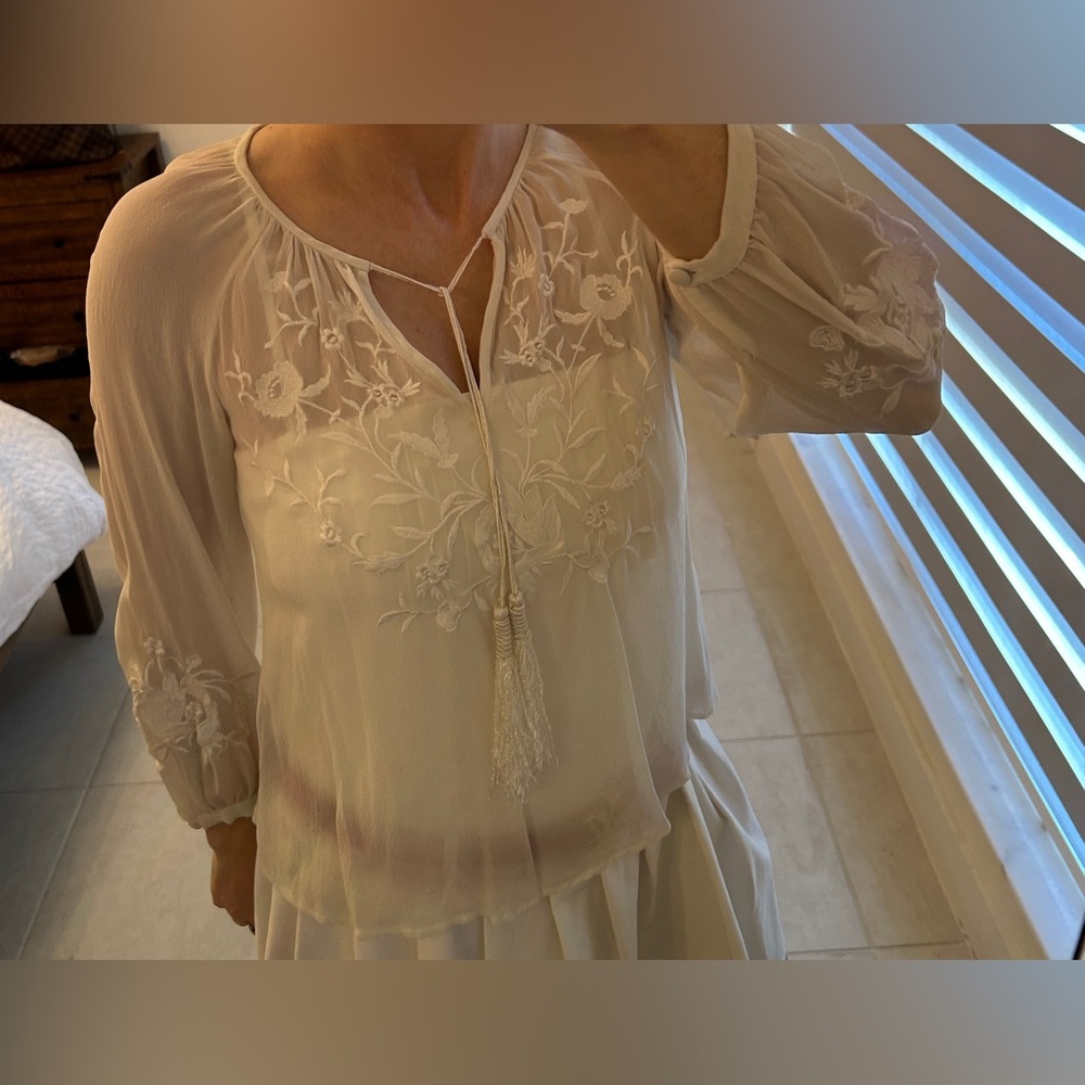 Joie Cream Embroidered Blouse with Tassels